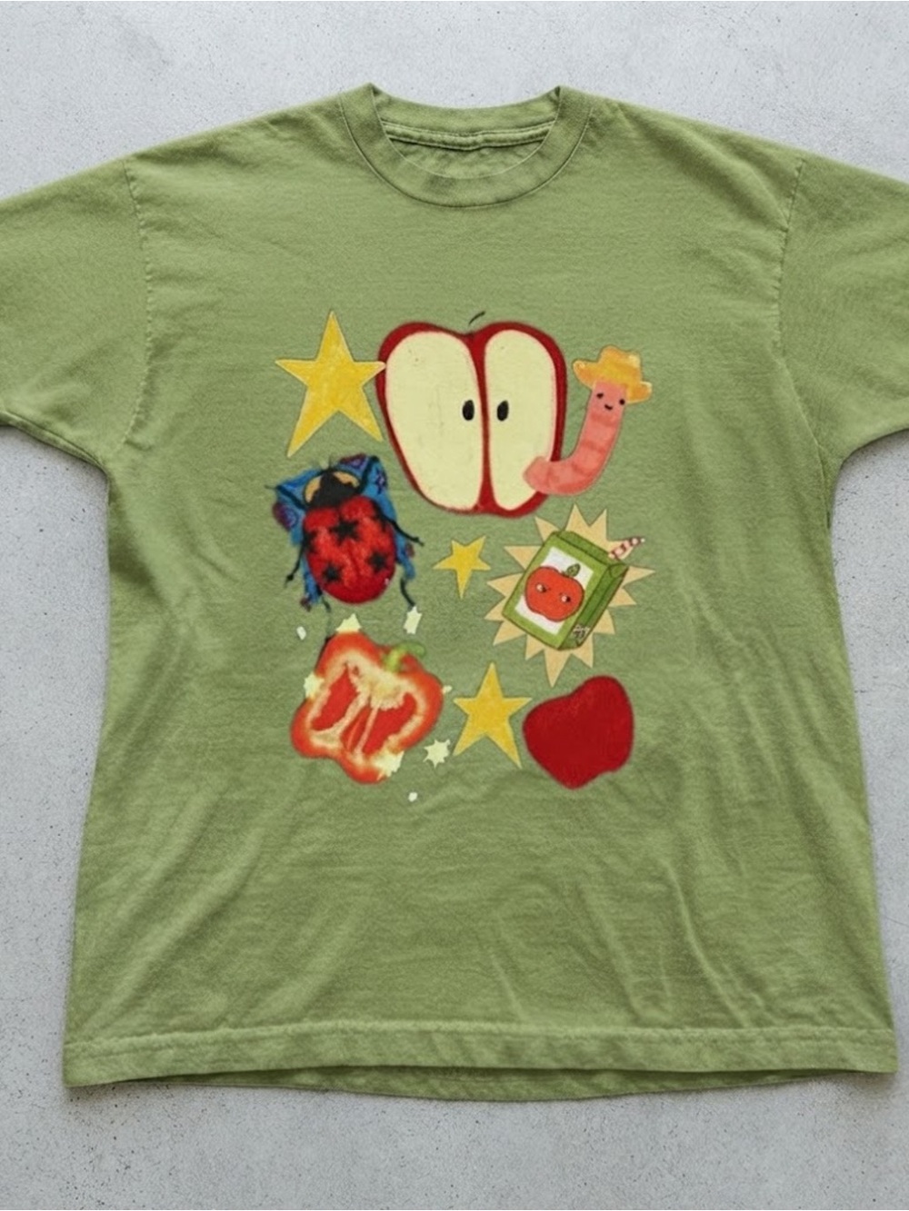 Fruit Ladybug Star Graphic Print Green Cotton Gildan T-Shirt Tee